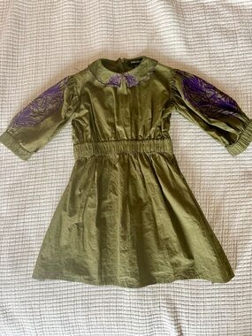 Bonjour Diary Olive Green Dress with Purple Embroidered Sleeves